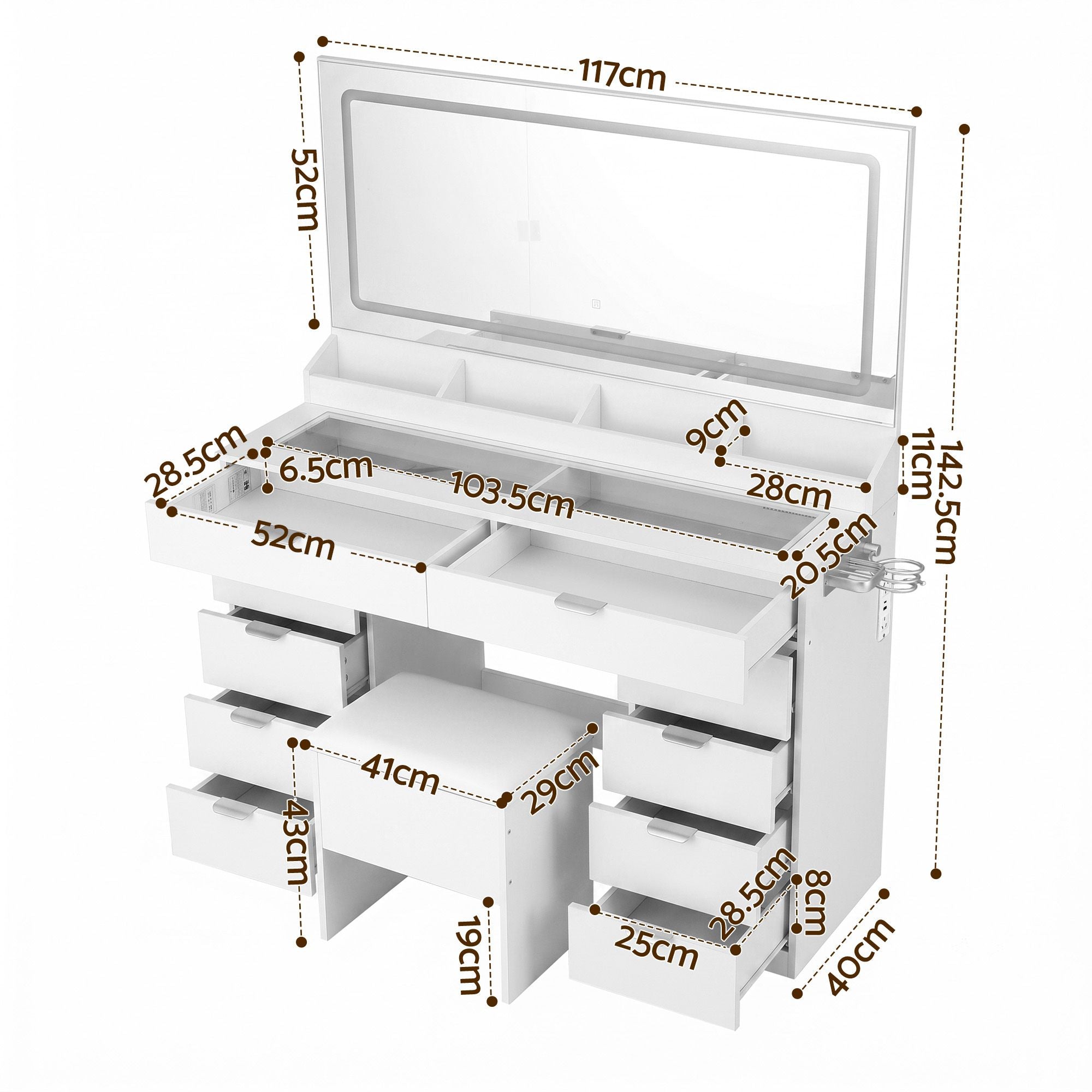 Dressing Table Makeup Vanity Desk Large LED Mirror 10 Drawers Power Outlet Hair Dryer Holder Hook White