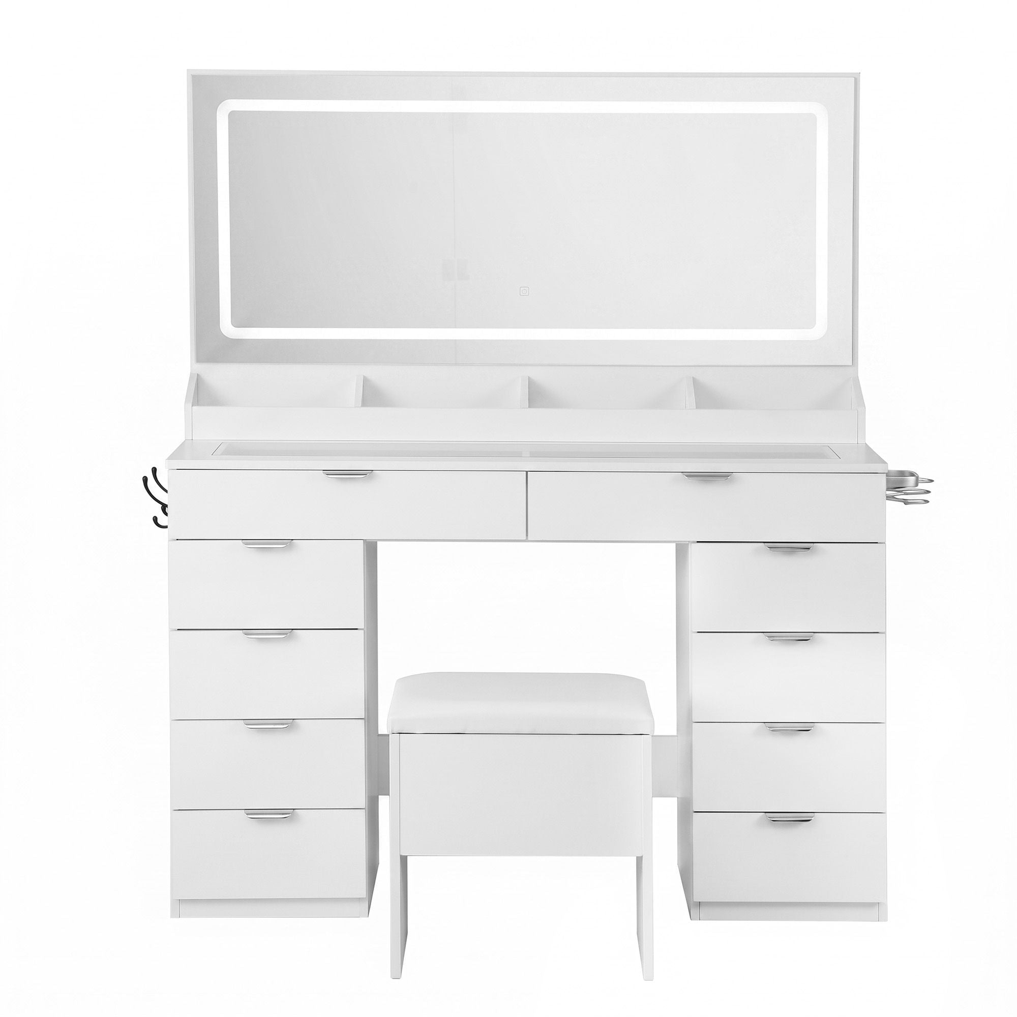 Dressing Table Makeup Vanity Desk Large LED Mirror 10 Drawers Power Outlet Hair Dryer Holder Hook White