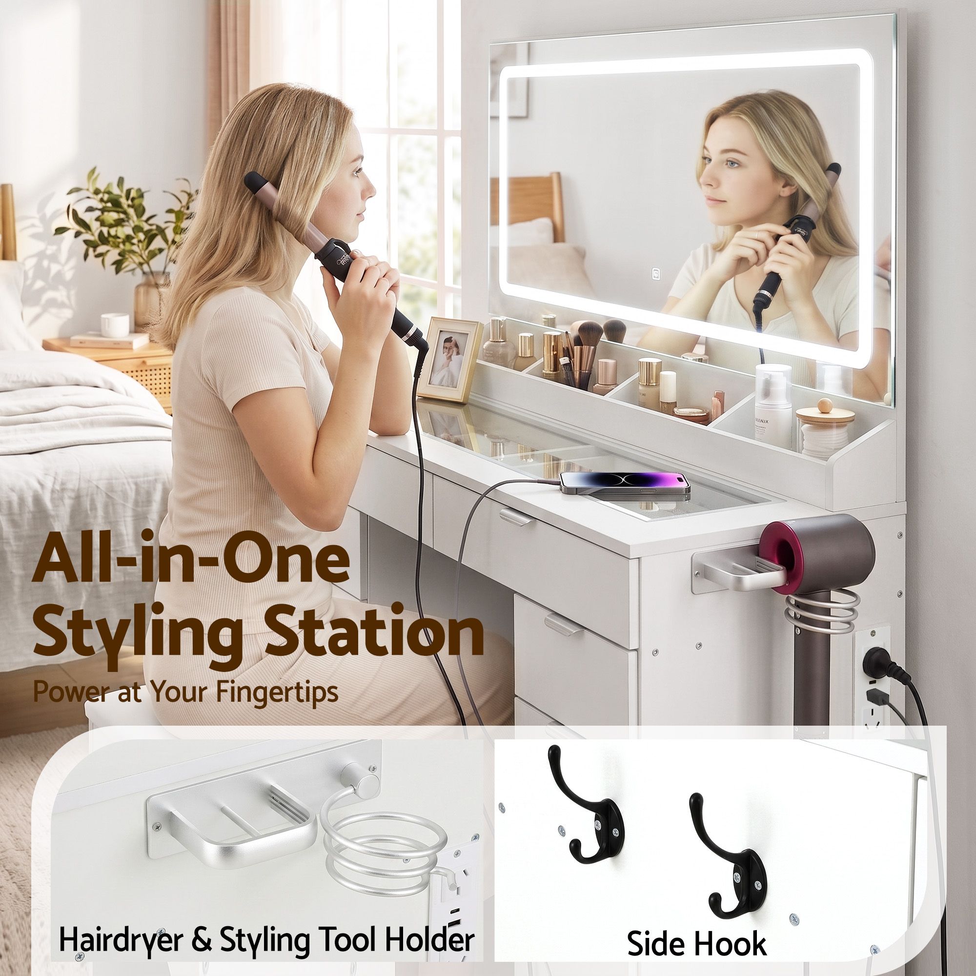 Dressing Table Makeup Vanity Desk Large LED Mirror 10 Drawers Power Outlet Hair Dryer Holder Hook White