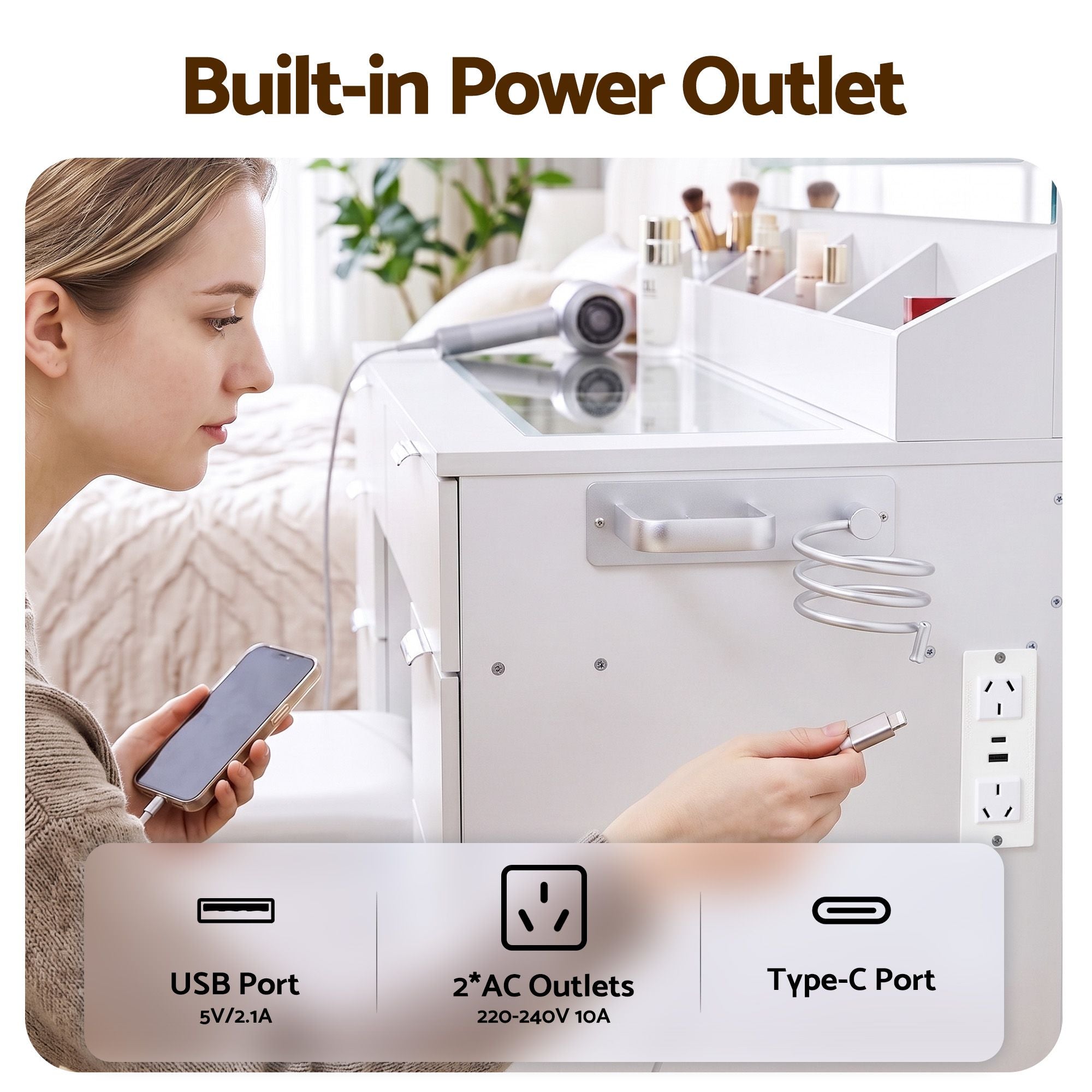 Dressing Table Makeup Vanity Desk Large LED Mirror 10 Drawers Power Outlet Hair Dryer Holder Hook White