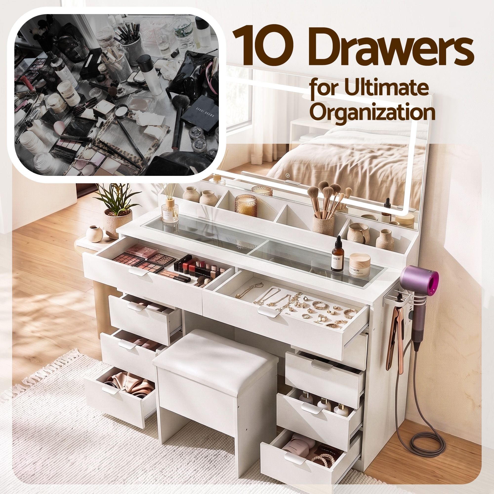 Dressing Table Makeup Vanity Desk Large LED Mirror 10 Drawers Power Outlet Hair Dryer Holder Hook White
