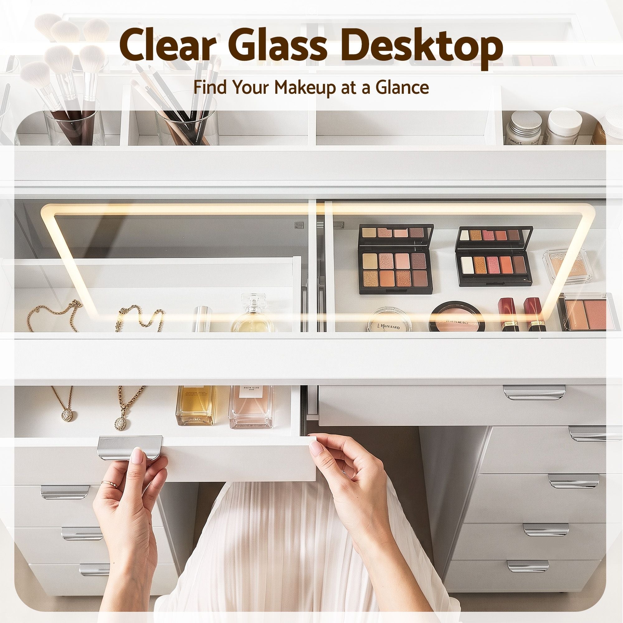 Dressing Table Makeup Vanity Desk Large LED Mirror 10 Drawers Power Outlet Hair Dryer Holder Hook White