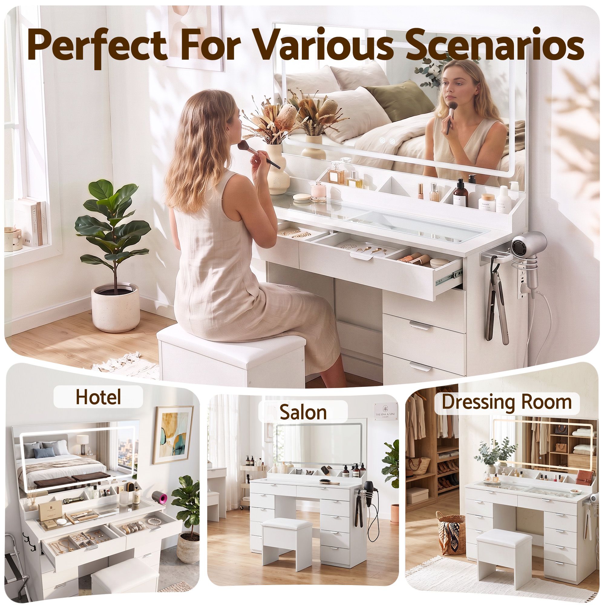 Dressing Table Makeup Vanity Desk Large LED Mirror 10 Drawers Power Outlet Hair Dryer Holder Hook White