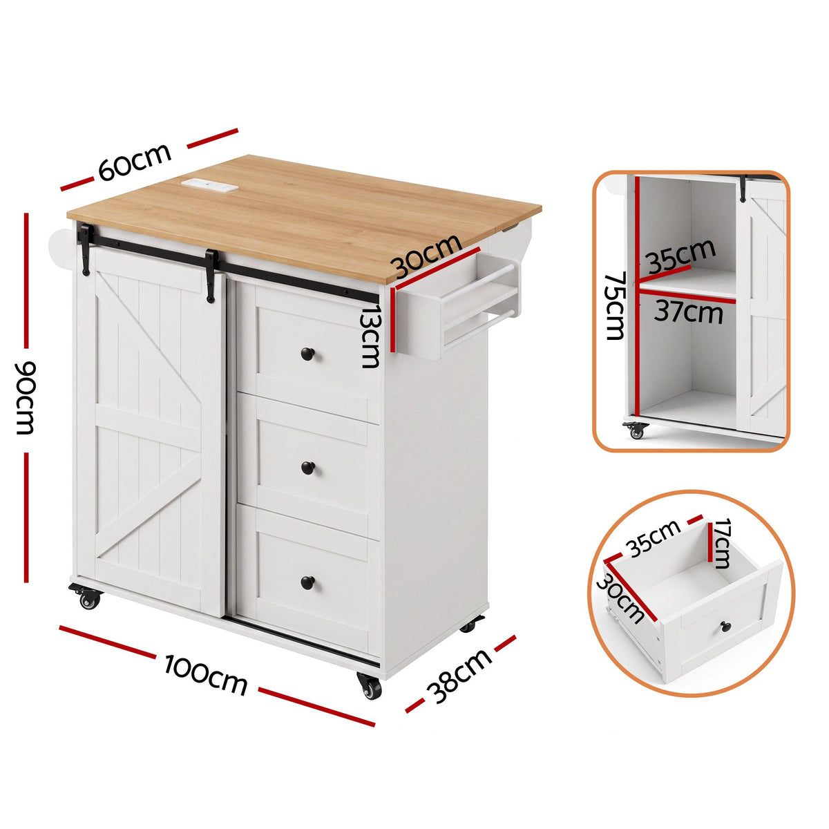 Kitchen Island Trolley with Storage Drawers and Rolling Cabinet 100cm - White Pine