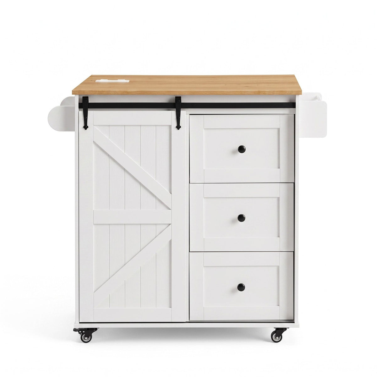 Kitchen Island Trolley with Storage Drawers and Rolling Cabinet 100cm - White Pine