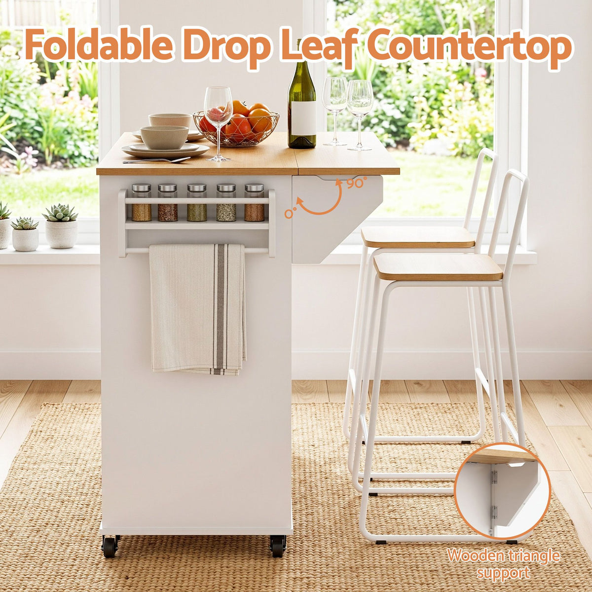 Kitchen Island Trolley with Storage Drawers and Rolling Cabinet 100cm - White Pine