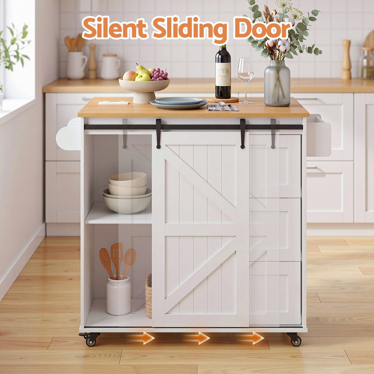 Kitchen Island Trolley with Storage Drawers and Rolling Cabinet 100cm - White Pine