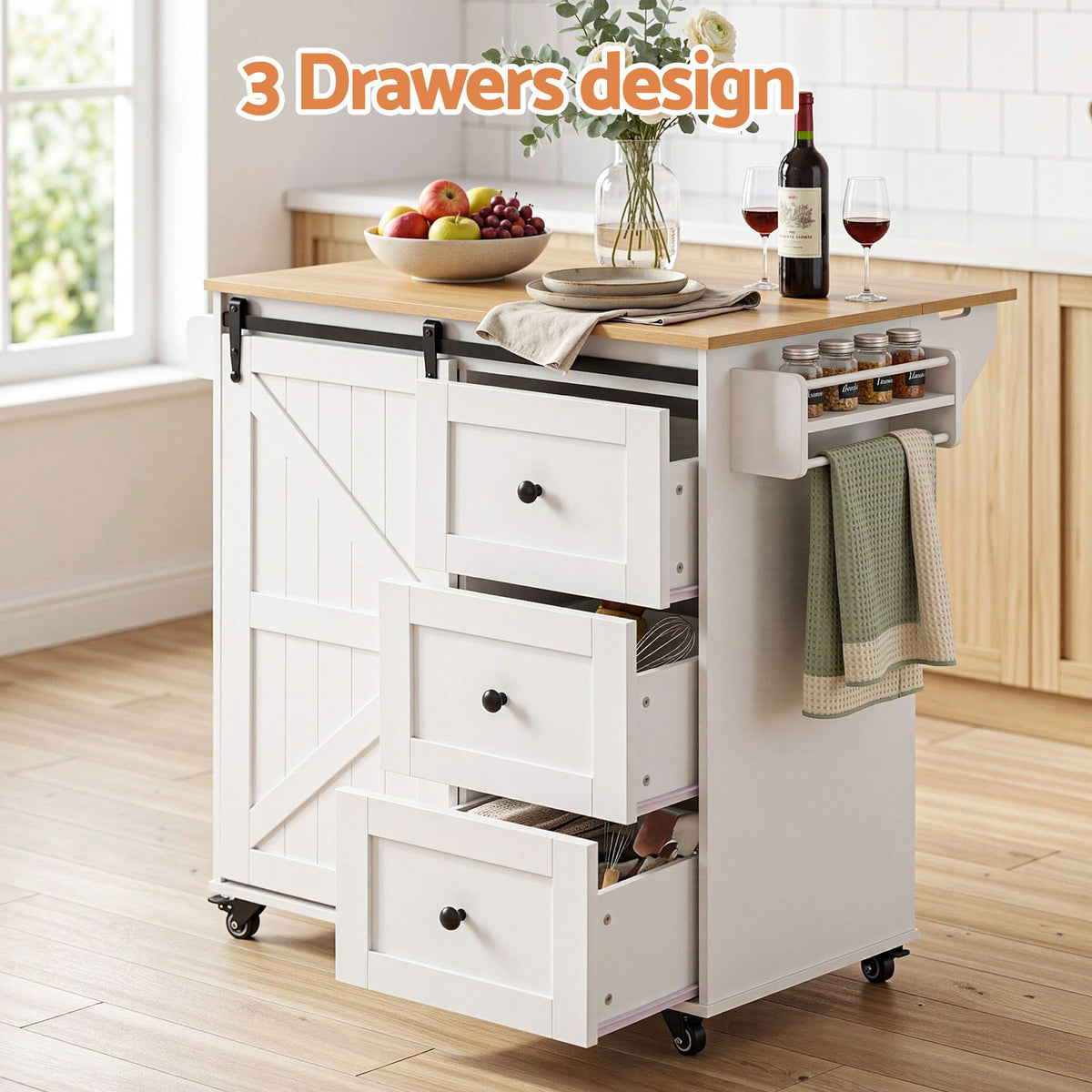 Kitchen Island Trolley with Storage Drawers and Rolling Cabinet 100cm - White Pine