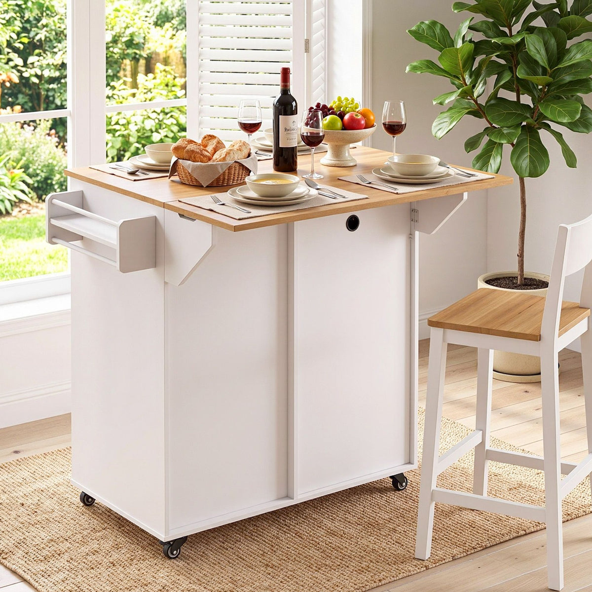 Kitchen Island Trolley with Storage Drawers and Rolling Cabinet 100cm - White Pine