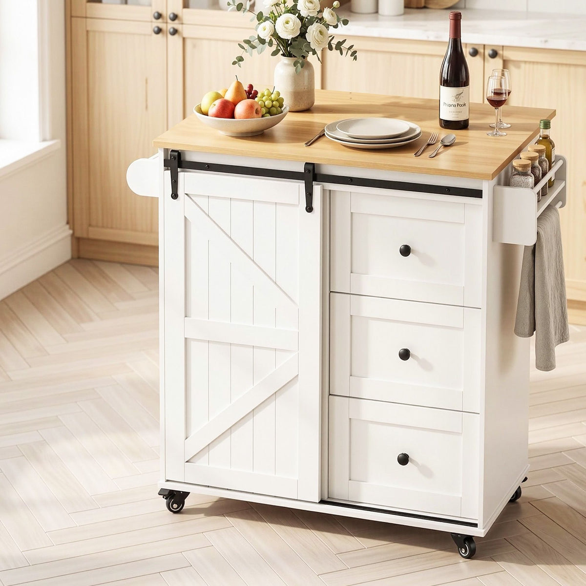 Kitchen Island Trolley with Storage Drawers and Rolling Cabinet 100cm - White Pine