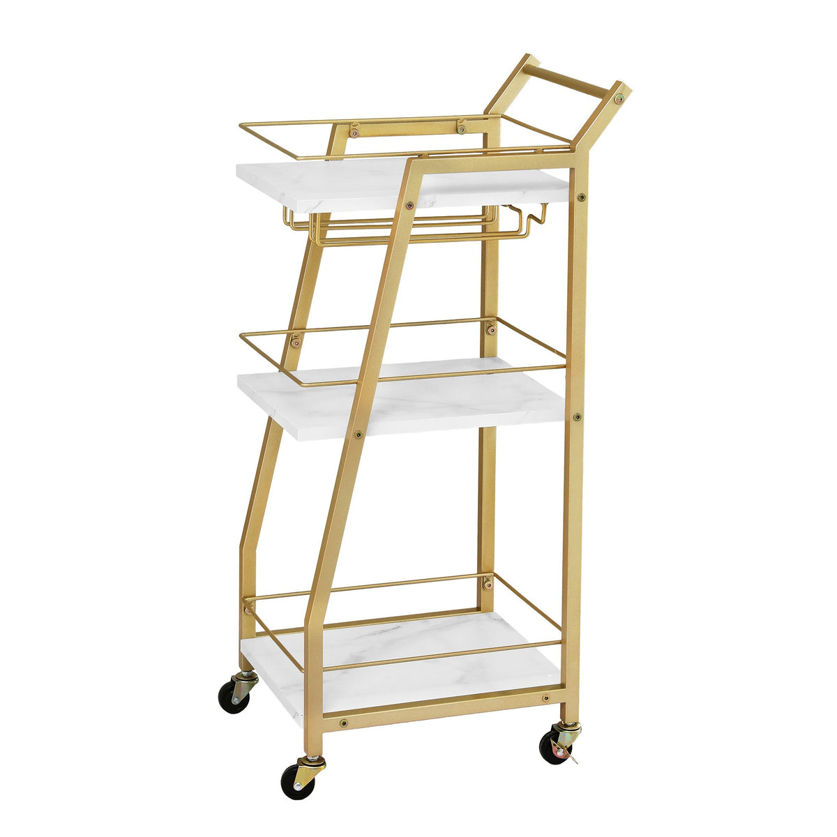 3-Tier Bar Cart Trolley with Wine Glass Holder and Marble Shelves 41cm - Gold & White