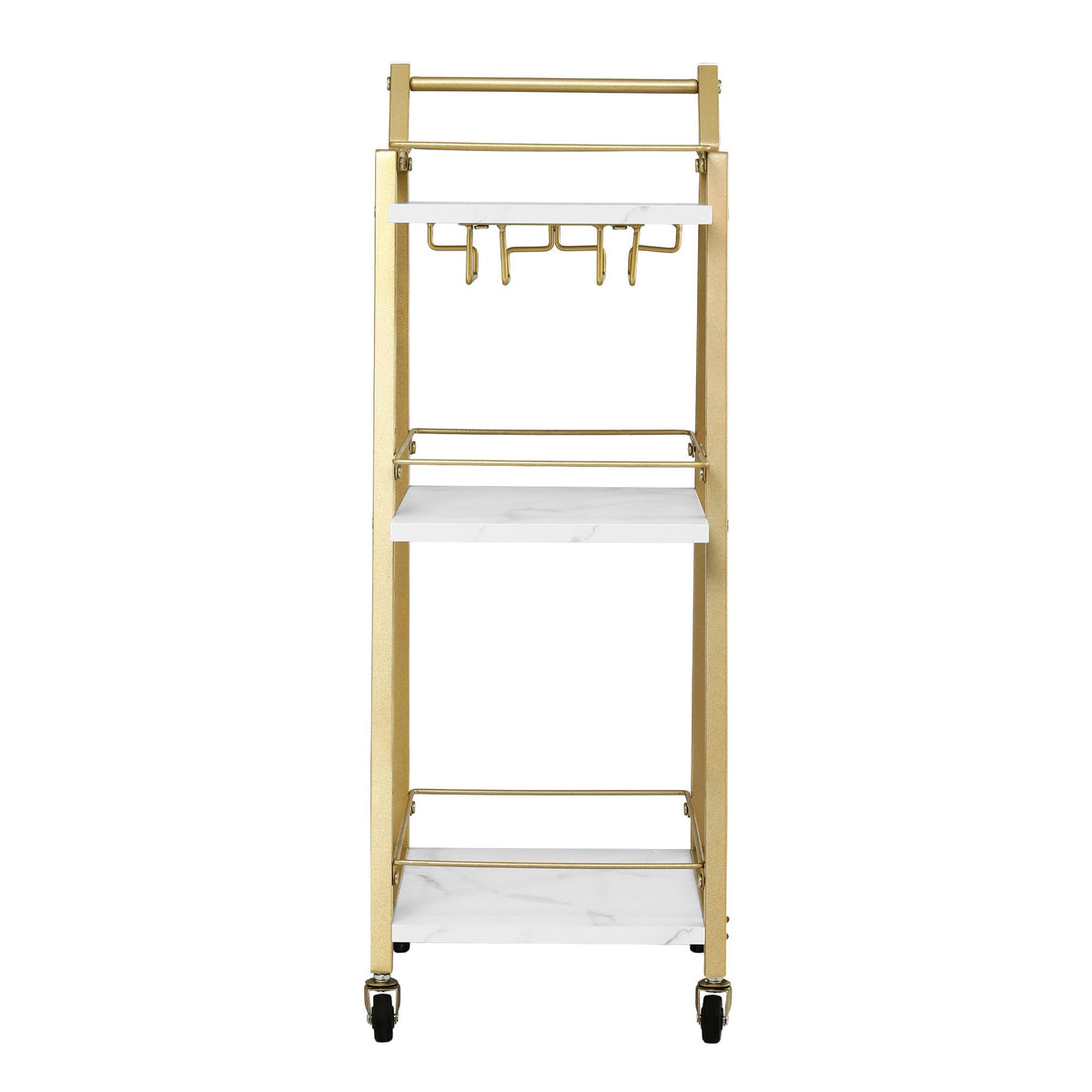 3-Tier Bar Cart Trolley with Wine Glass Holder and Marble Shelves 41cm - Gold & White