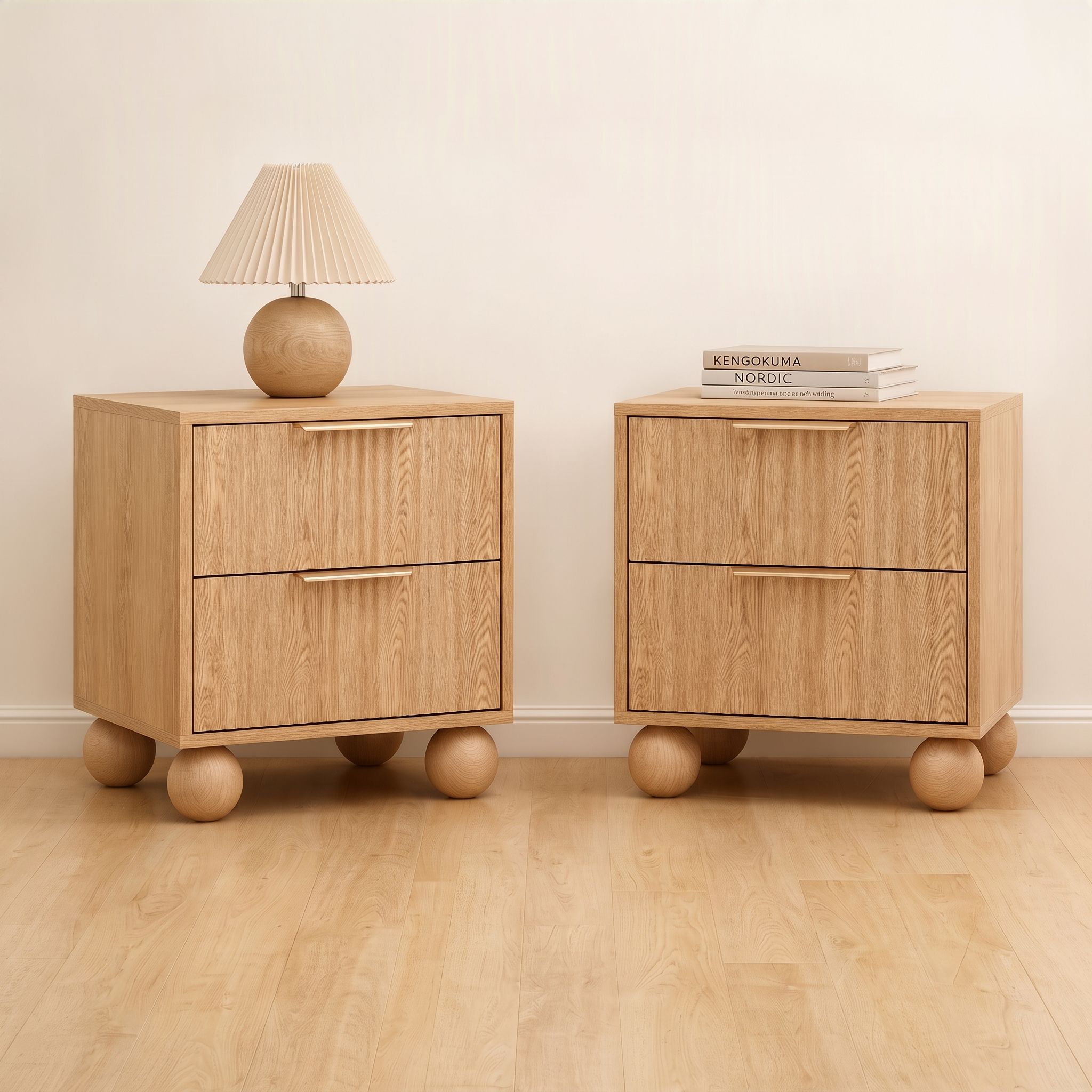 2x Bedside Table Round Legs 2 Drawers Pine