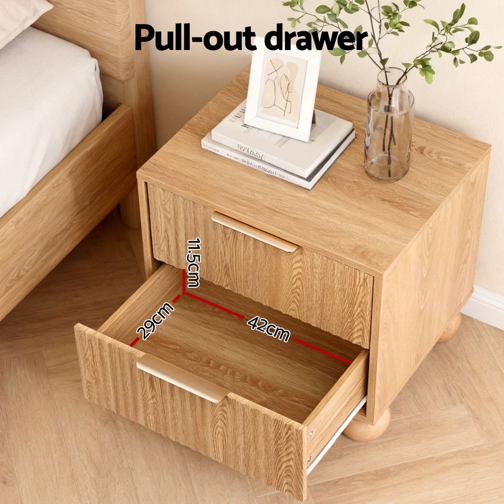2x Bedside Table Round Legs 2 Drawers Pine