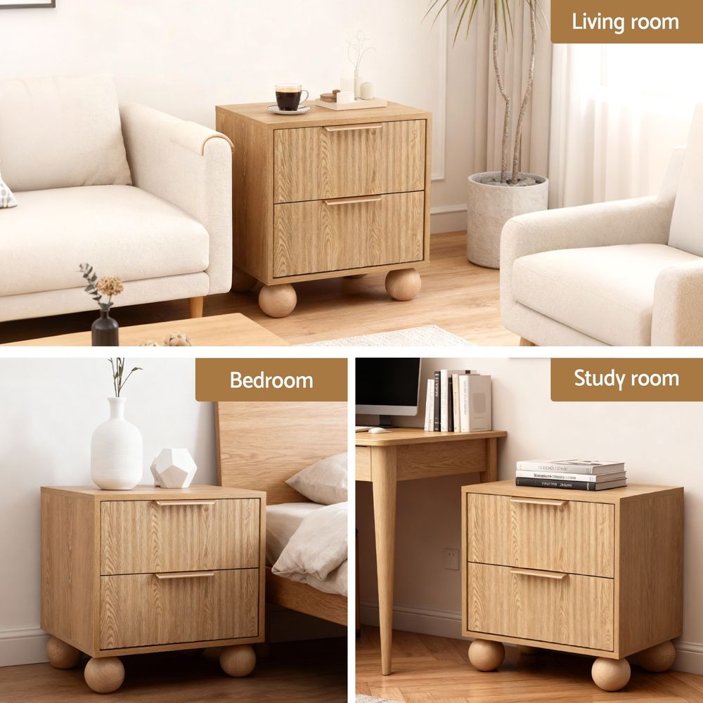 2x Bedside Table Round Legs 2 Drawers Pine