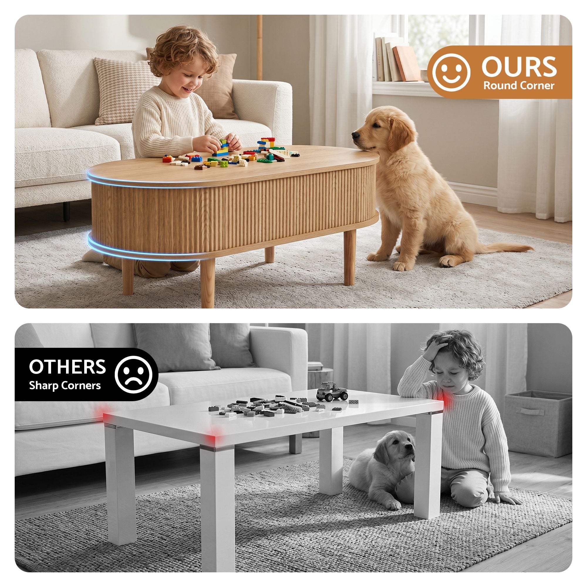 Lift Top Coffee Table Fluted Centre Table with Hidden Storage Oval 100cm