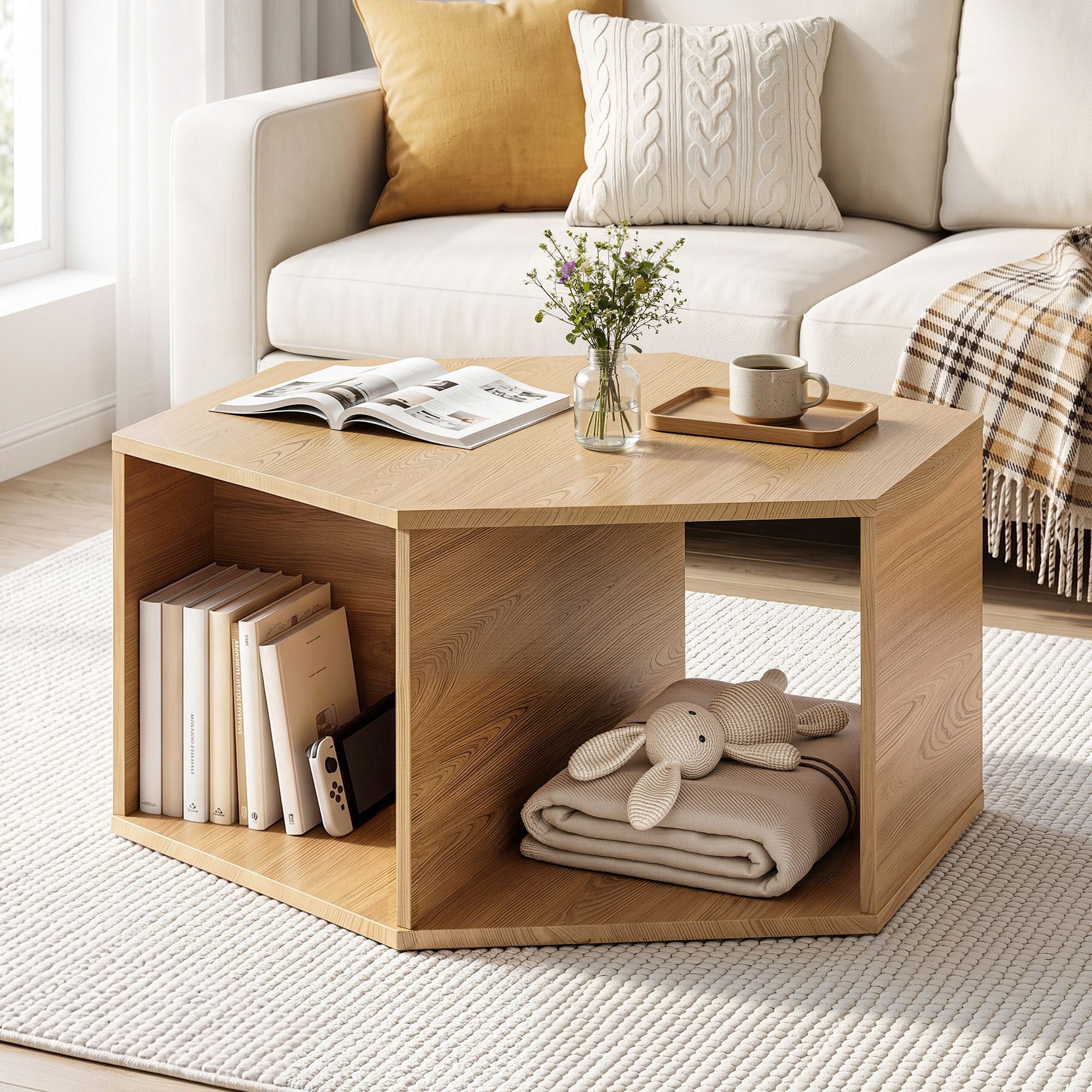 Coffee Table Hexagonal Center Table with Open Storage 2-Way Display Side Table Wood