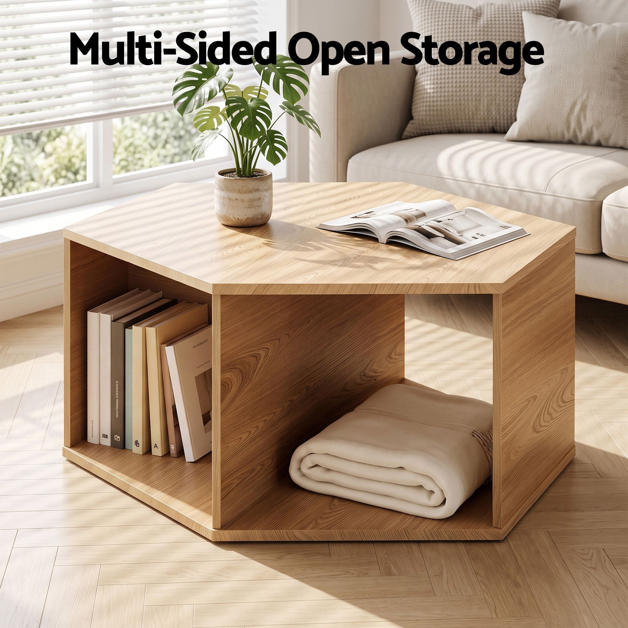Coffee Table Hexagonal Center Table with Open Storage 2-Way Display Side Table Wood