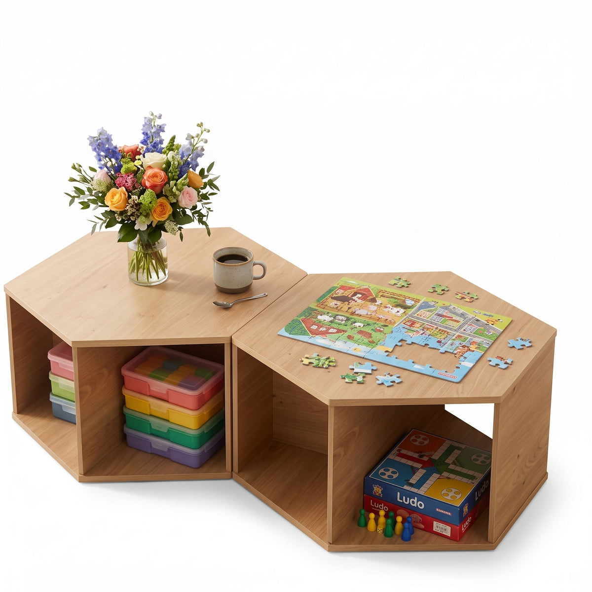 Set of 2 Hexagonal Coffee Tables with 2-Way Display and Open Storage - Wood
