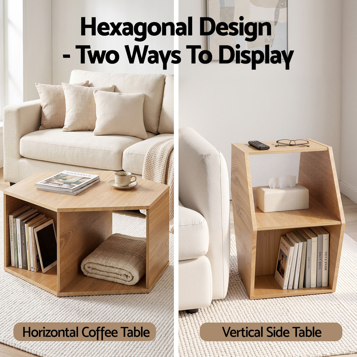 Set of 2 Hexagonal Coffee Tables with 2-Way Display and Open Storage - Wood