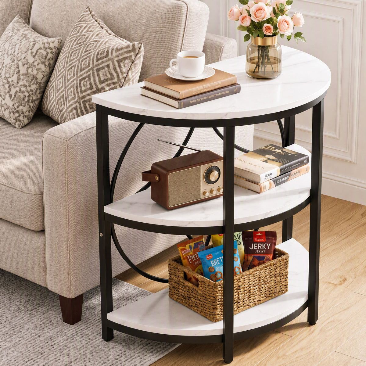 Semi-Circle 3 Tier Coffee Table Side End Table with Marble Effect Top - White & Black