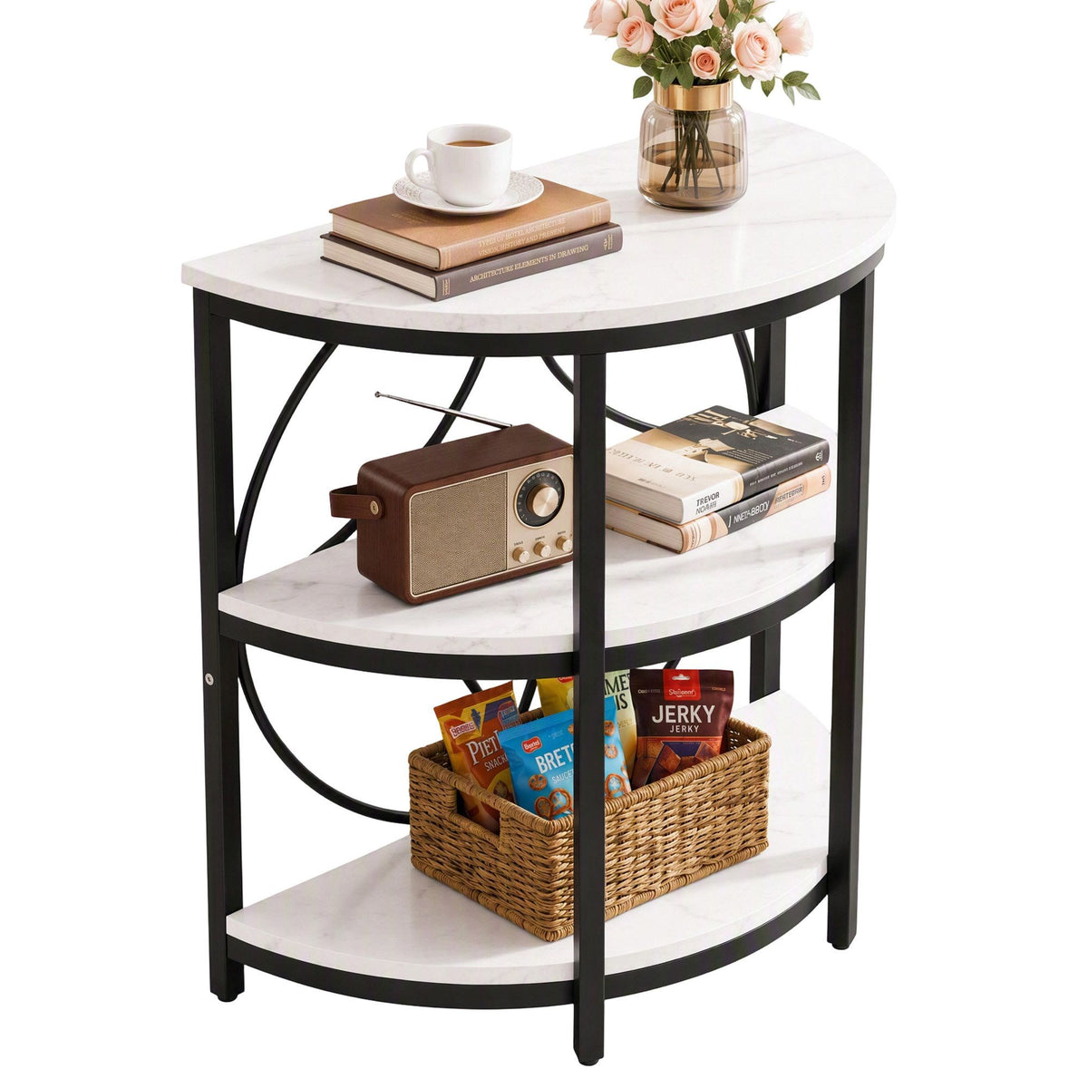 Semi-Circle 3 Tier Coffee Table Side End Table with Marble Effect Top - White & Black
