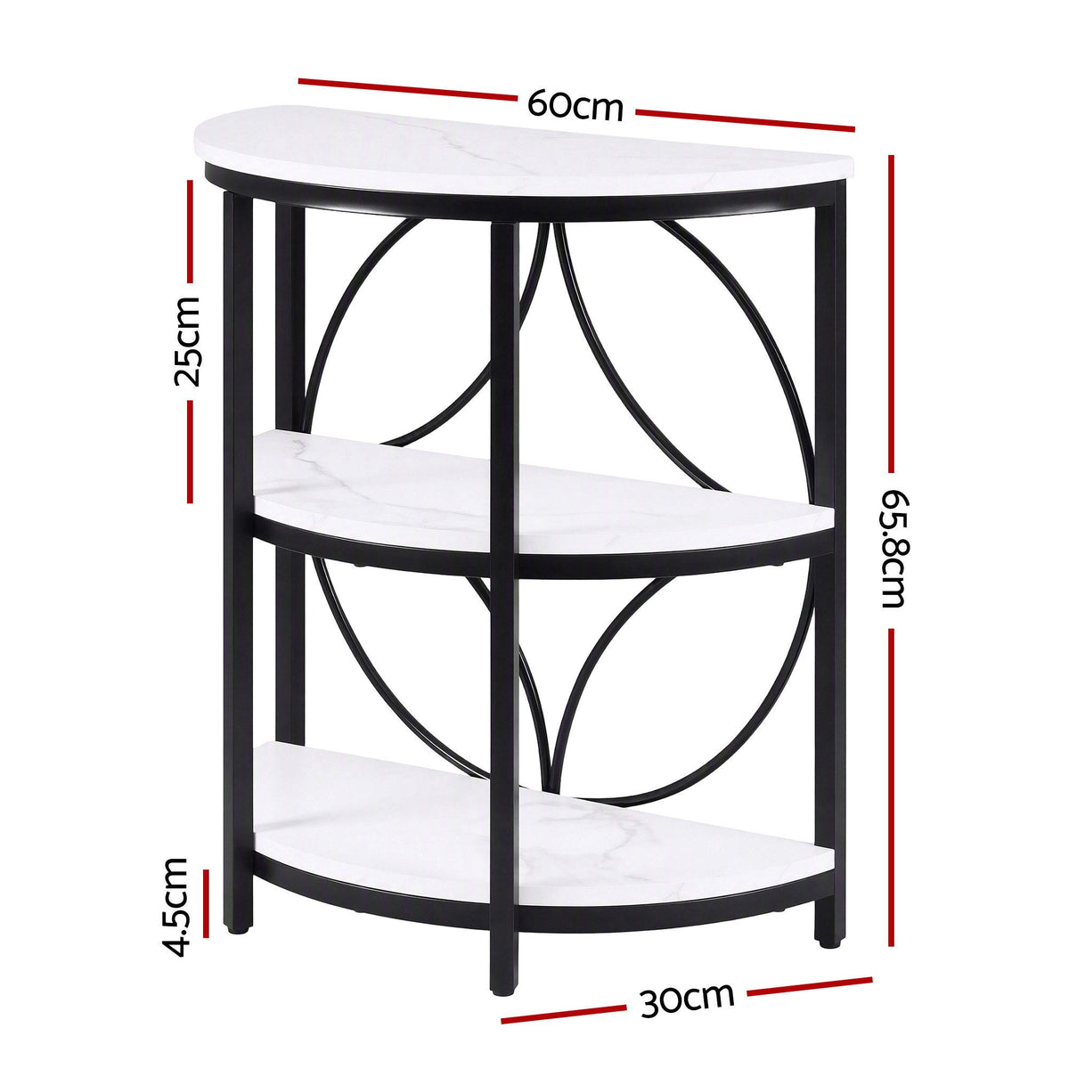 Semi-Circle 3 Tier Coffee Table Side End Table with Marble Effect Top - White & Black