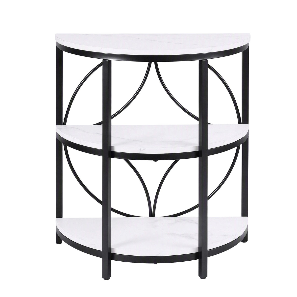 Semi-Circle 3 Tier Coffee Table Side End Table with Marble Effect Top - White & Black