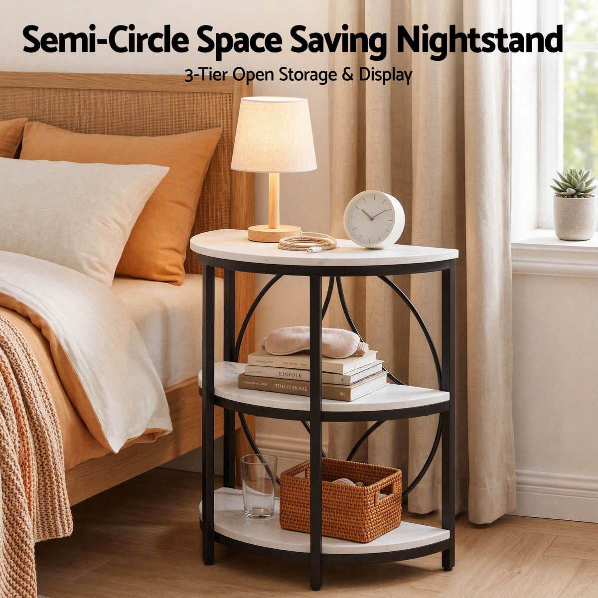 Semi-Circle 3 Tier Coffee Table Side End Table with Marble Effect Top - White & Black