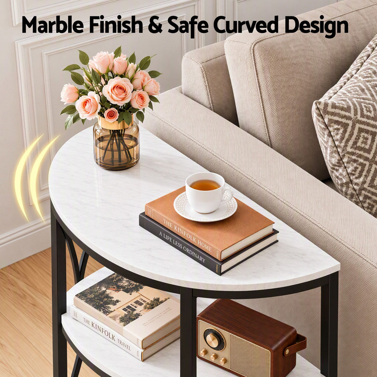 Semi-Circle 3 Tier Coffee Table Side End Table with Marble Effect Top - White & Black