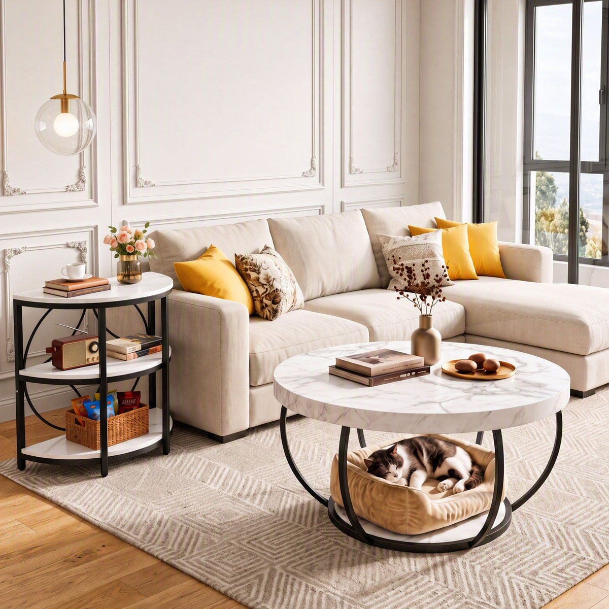 Semi-Circle 3 Tier Coffee Table Side End Table with Marble Effect Top - White & Black