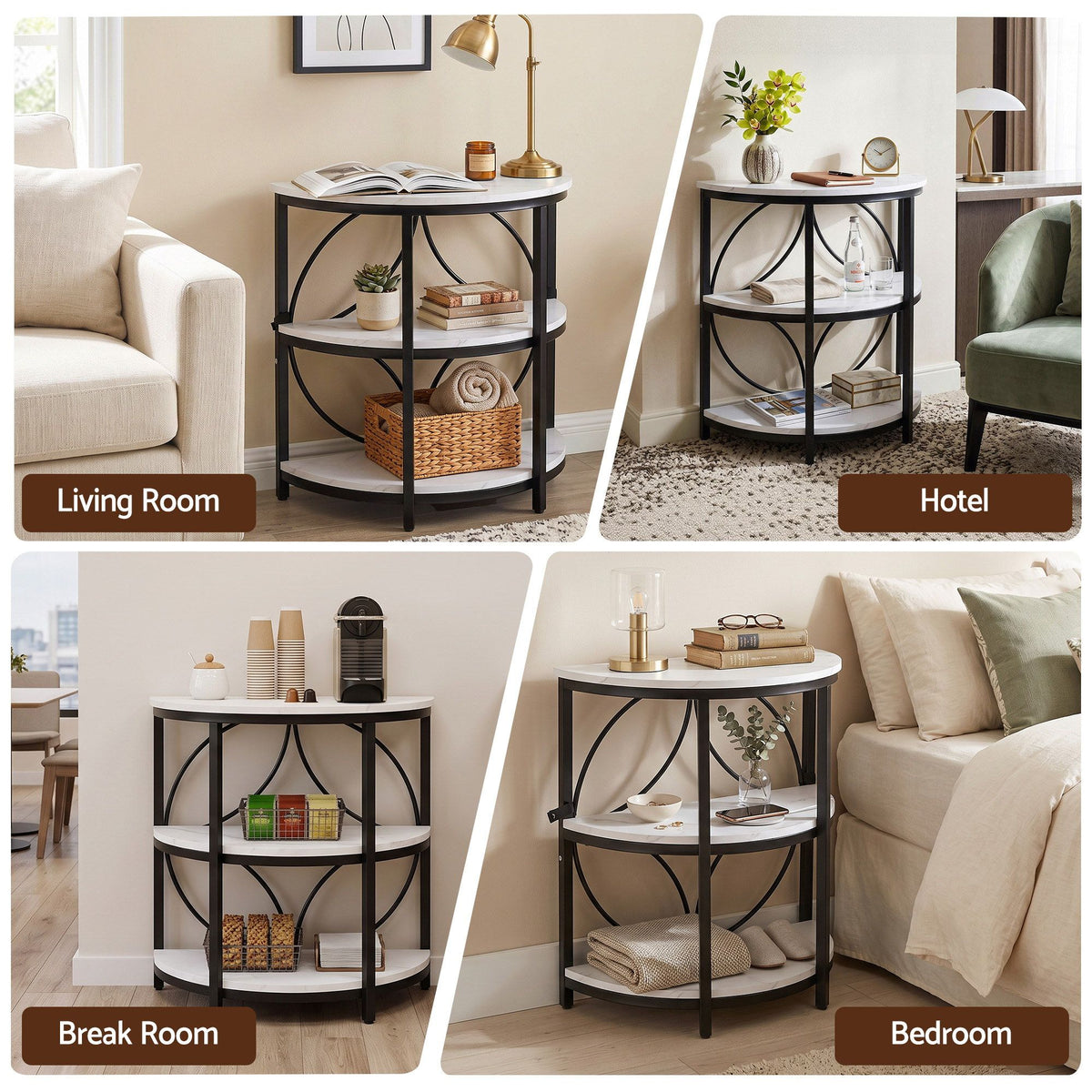 Semi-Circle 3 Tier Coffee Table Side End Table with Marble Effect Top - White & Black