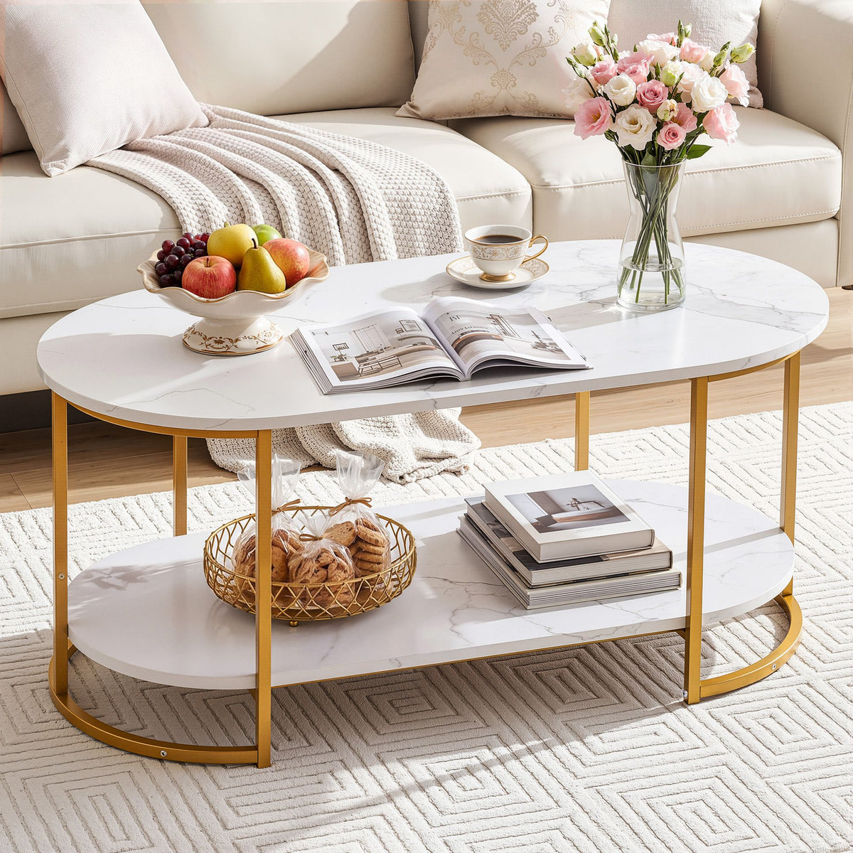 2 Tier Oval Marble Finish Coffee Table with Storage Shelf 100x50x45cm - White & Gold