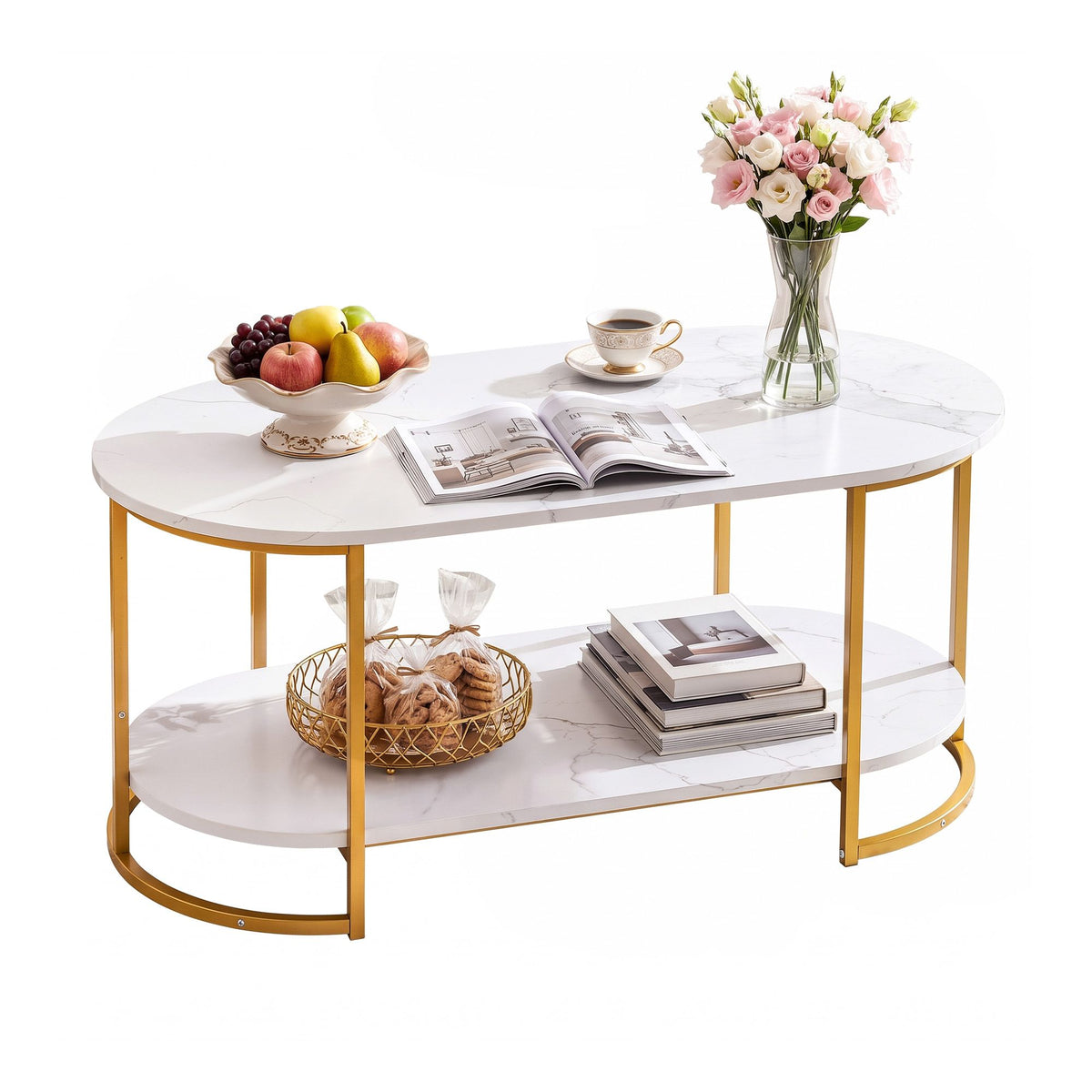 2 Tier Oval Marble Finish Coffee Table with Storage Shelf 100x50x45cm - White & Gold