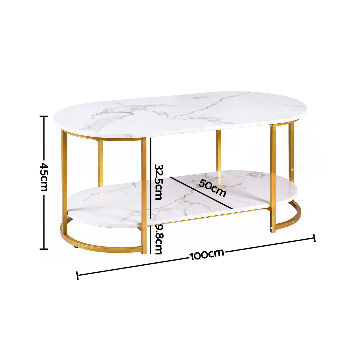 2 Tier Oval Marble Finish Coffee Table with Storage Shelf 100x50x45cm - White & Gold