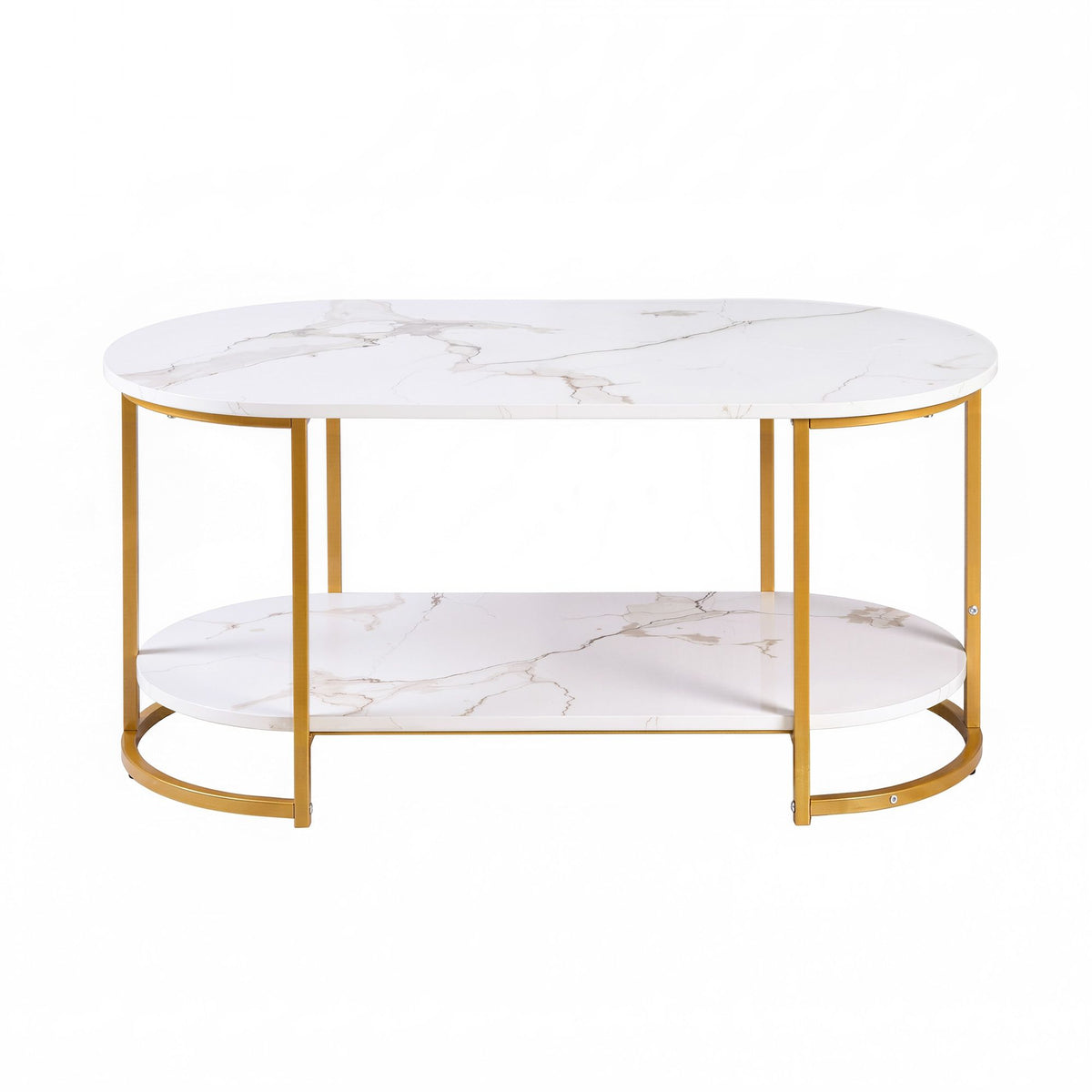 2 Tier Oval Marble Finish Coffee Table with Storage Shelf 100x50x45cm - White & Gold