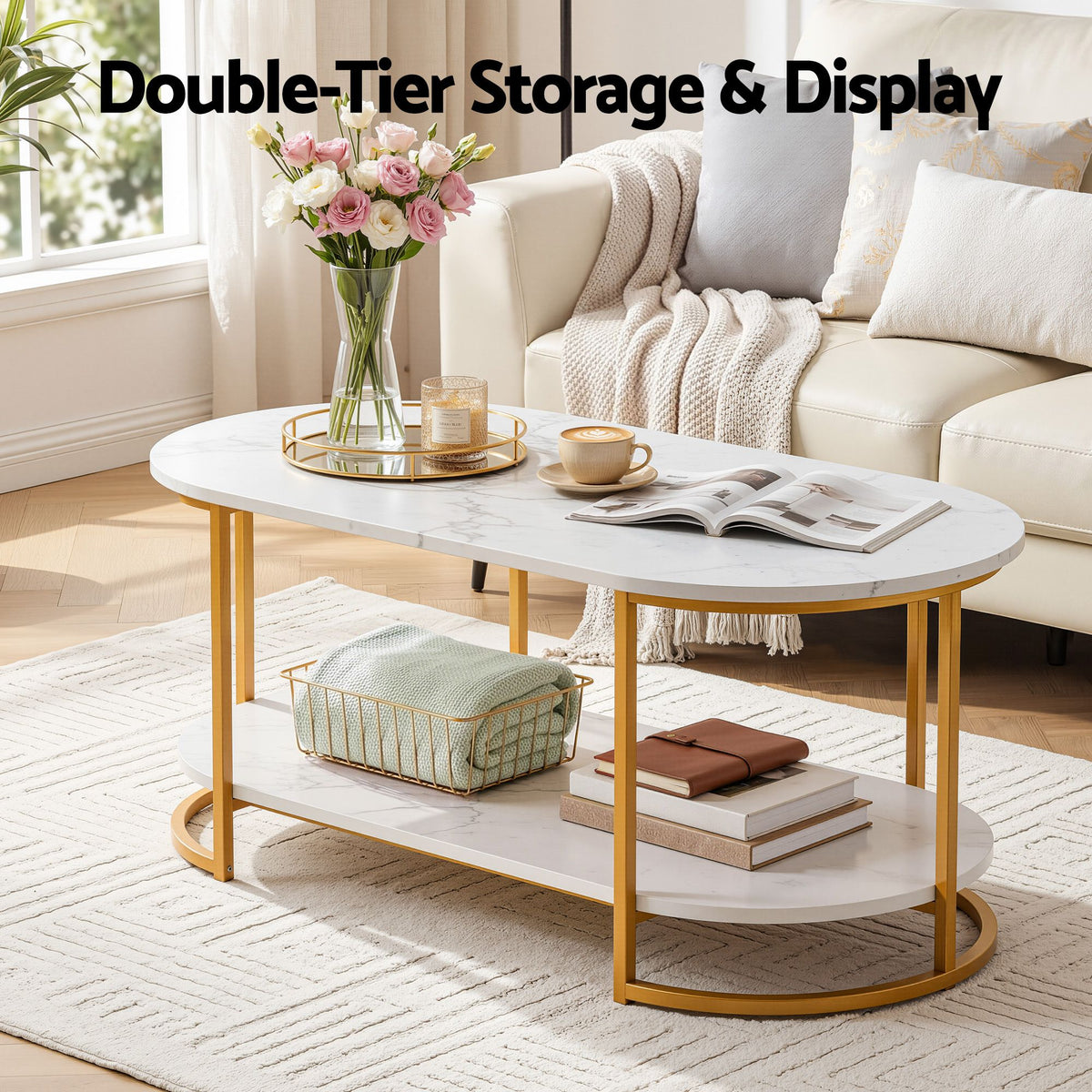 2 Tier Oval Marble Finish Coffee Table with Storage Shelf 100x50x45cm - White & Gold