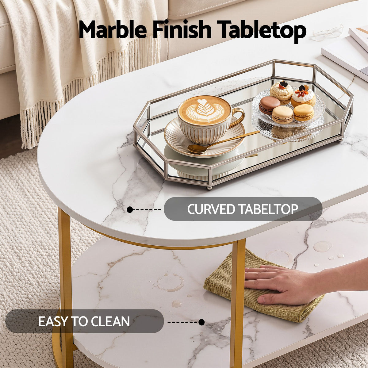 2 Tier Oval Marble Finish Coffee Table with Storage Shelf 100x50x45cm - White & Gold