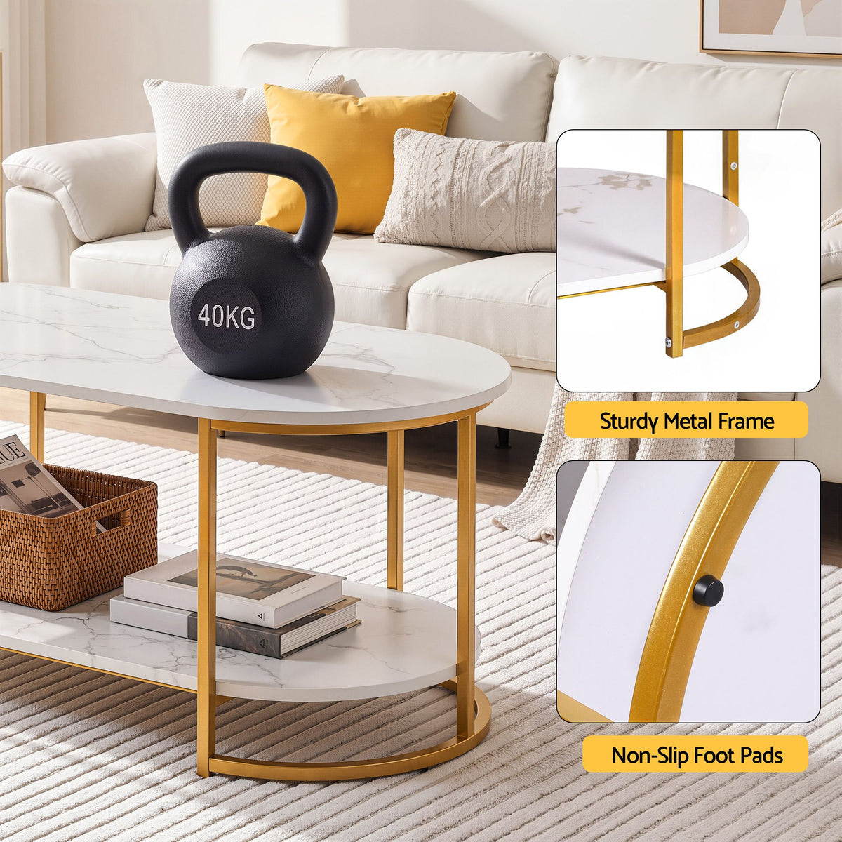 2 Tier Oval Marble Finish Coffee Table with Storage Shelf 100x50x45cm - White & Gold