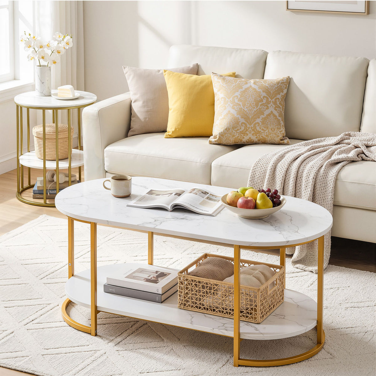 2 Tier Oval Marble Finish Coffee Table with Storage Shelf 100x50x45cm - White & Gold
