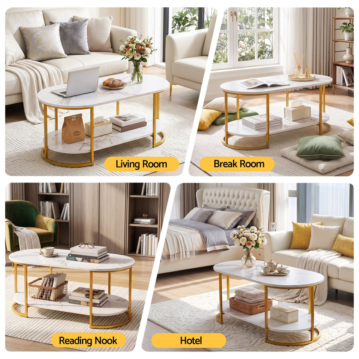 2 Tier Oval Marble Finish Coffee Table with Storage Shelf 100x50x45cm - White & Gold