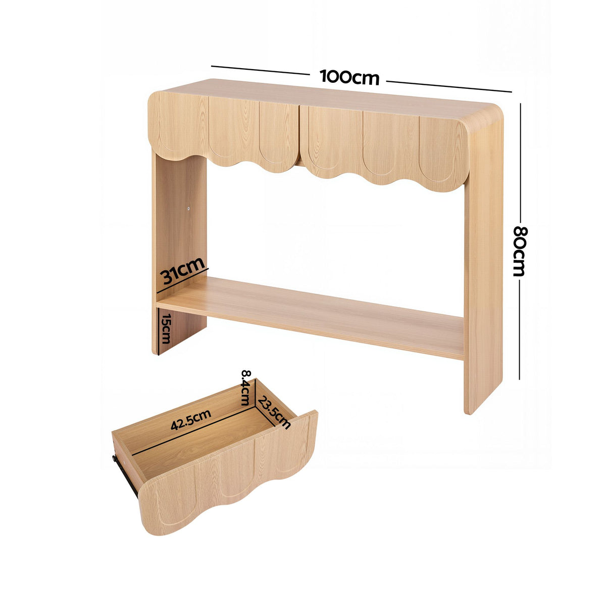 2-Drawer Scalloped Console Table with Rounded Corners 100x31x80 cm - Wood