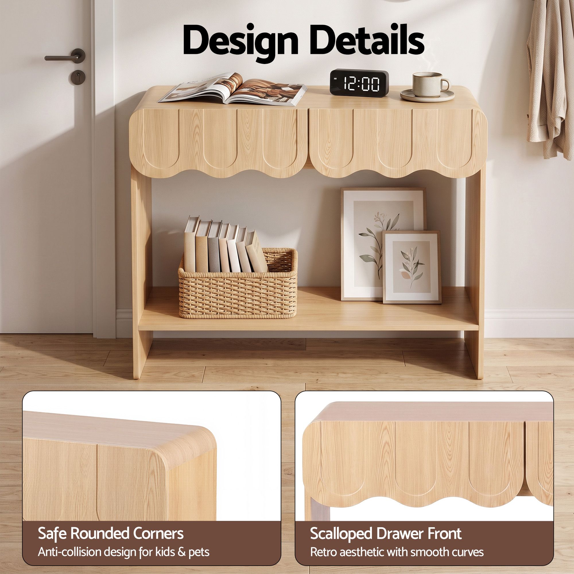 2-Drawer Scalloped Console Table with Rounded Corners 100x31x80 cm - Wood