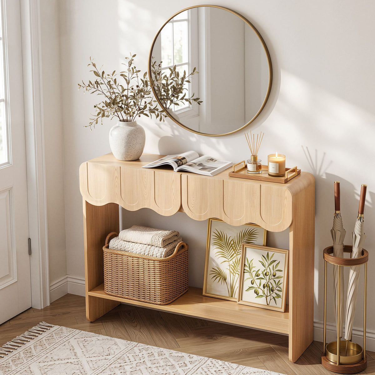 2-Drawer Scalloped Console Table with Rounded Corners 100x31x80 cm - Wood