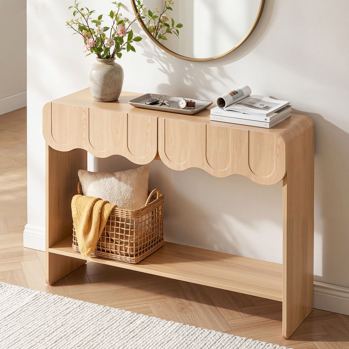 2-Drawer Scalloped Console Table with Rounded Corners 100x31x80 cm - Wood