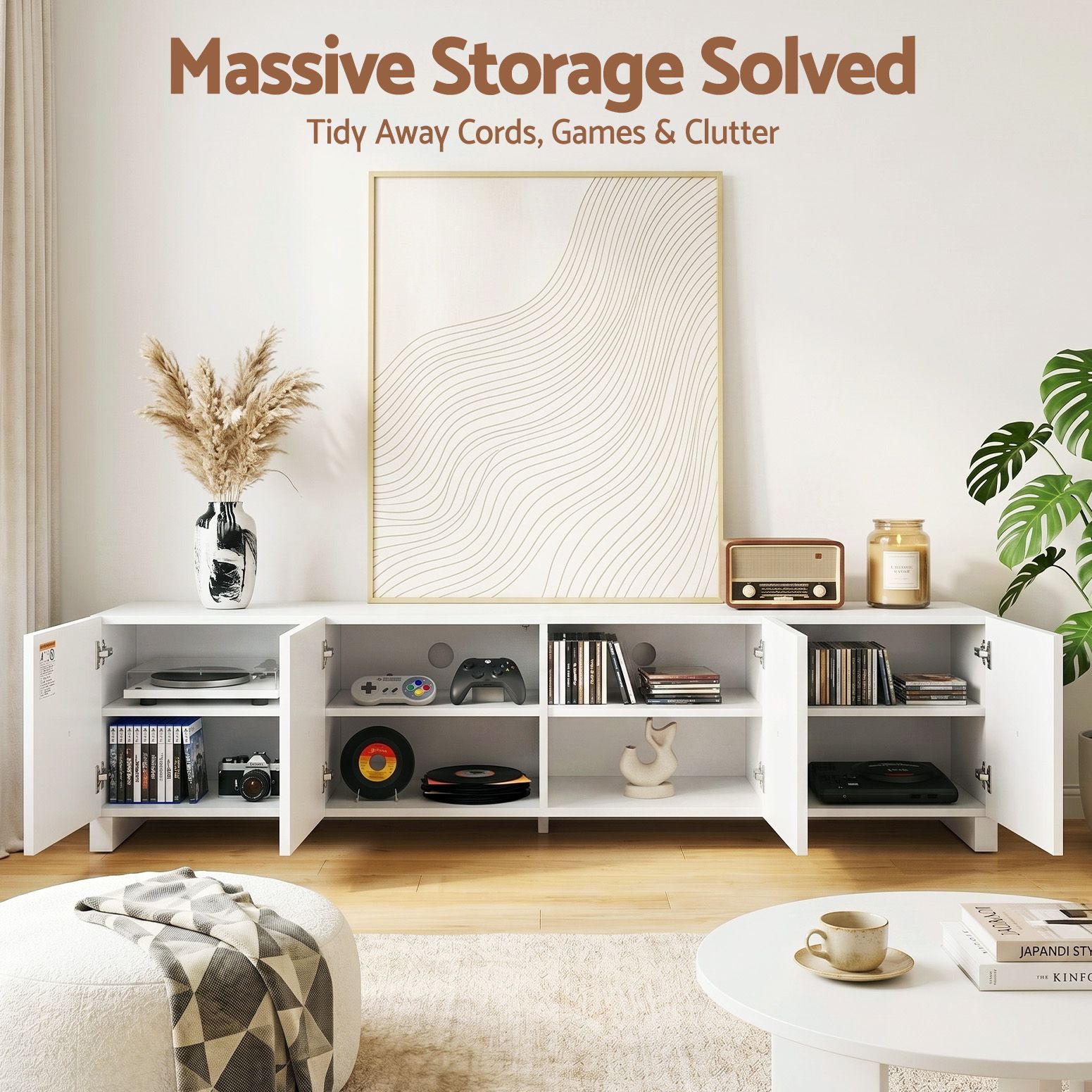 TV Unit Entertainment Unit Storage Cabinet Adjustable Shelf 180cm White
