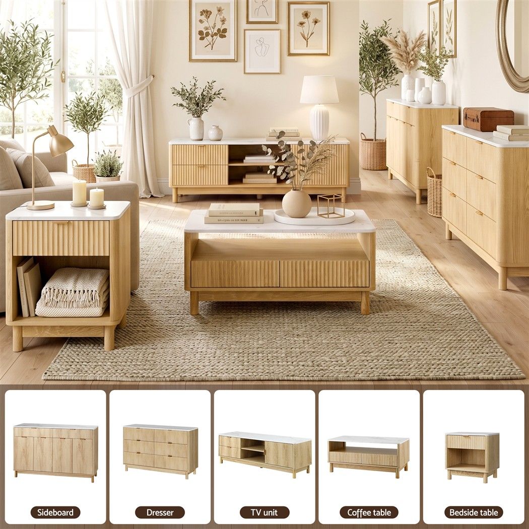 Buffet Sideboard Cabinet Kitchen Storage Cupboard Marble 2 Drawers Pine