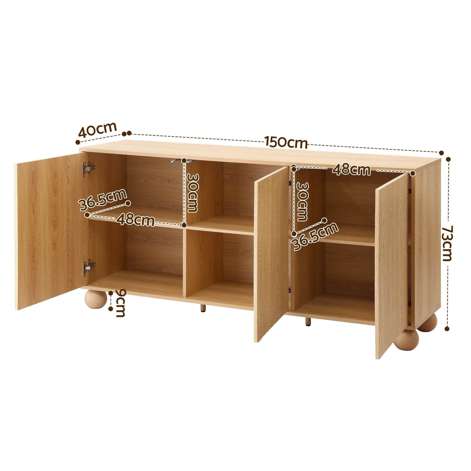 Buffet Sideboard Cabinet 2-Tier Fluted Kitchen Storage Ball Legs Pine