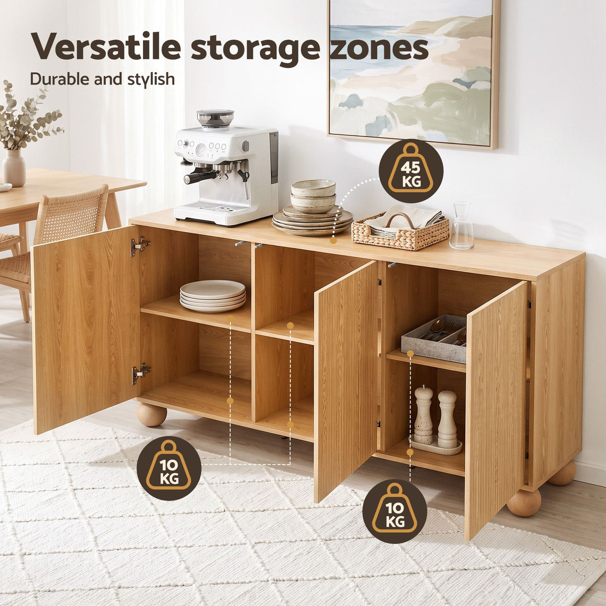 Buffet Sideboard Cabinet 2-Tier Fluted Kitchen Storage Ball Legs Pine