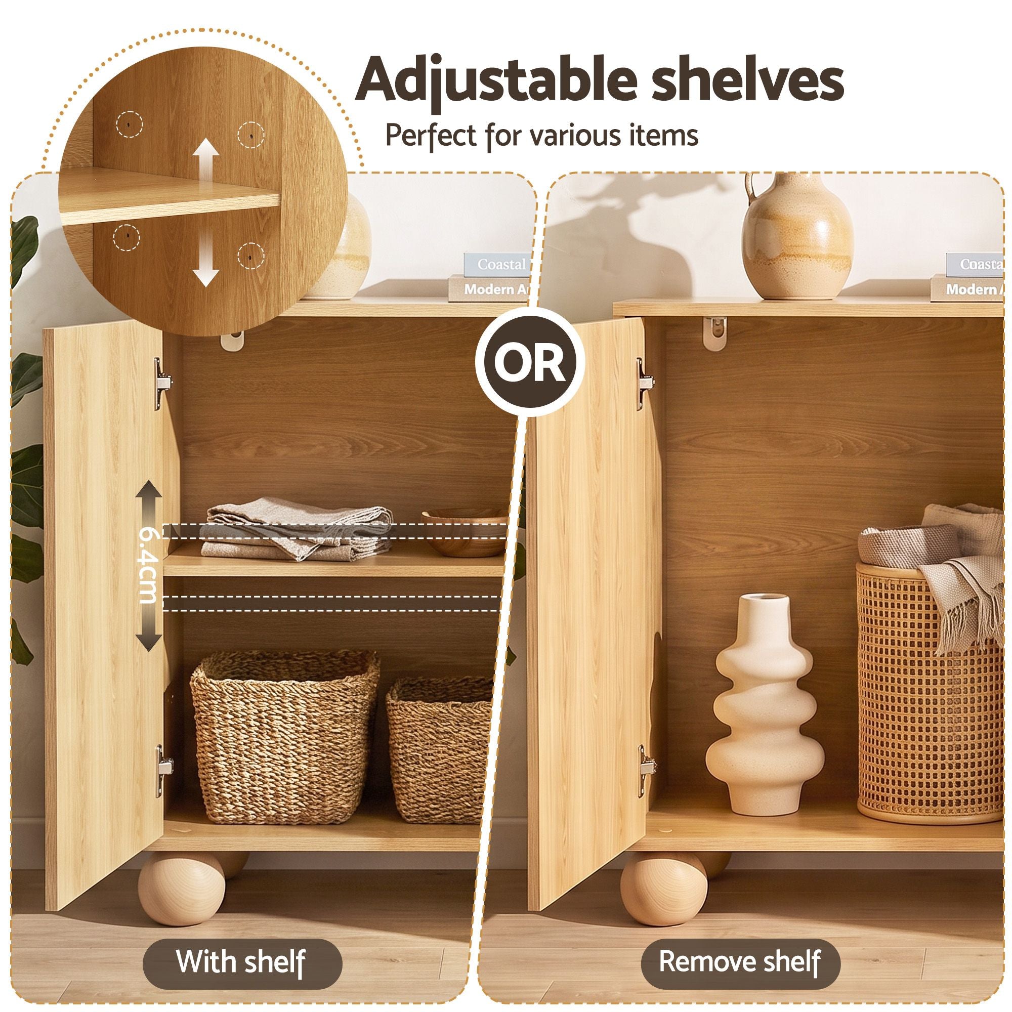 Buffet Sideboard Cabinet 2-Tier Fluted Kitchen Storage Ball Legs Pine